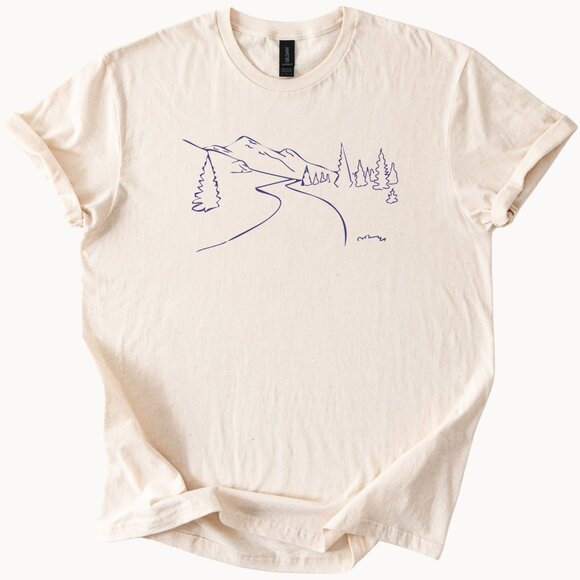 Mountain Road and Trees Line Art Tee Nature Hiking Graphic T Shirt - Picture 1 of 7